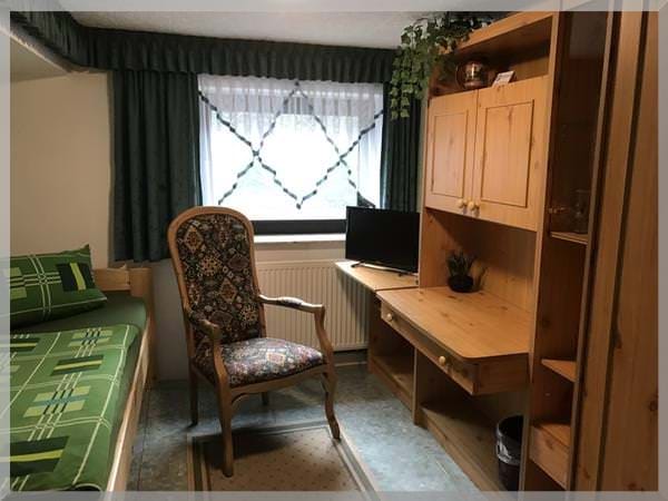 Grünes Zimmer der Pension Deparade Altenburg mit Schreibtisch und entspannter Einrichtung für Langzeitgäste